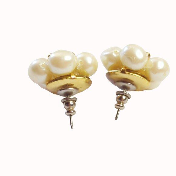 Vintage Faux Pearl Cluster Earrings Gold-Tone Accents - Picture 2 of 5